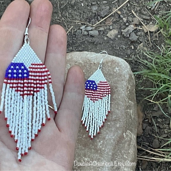 Heart Flag Beaded Earrings, New, Handmade by Me - Picture 3 of 13